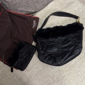 Y2K Coach Black Quilted Shoulder Bag with rabbit Fur Trim